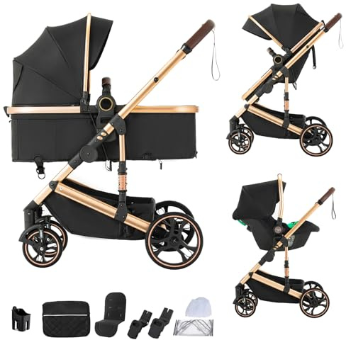 BEBBY Kinderwagen, Standard-Kinderwagen, Kinderwagen 3 in 1,Kinderwagen mit Faltbarem Tragbarem für Neugeborene aus Aluminium mit Beinabdeckung und Netz (H9-BLACK, H9)