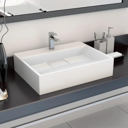 Mokuyary Lavabo 50 x 38 x 13 cm en fonte minérale/fonte de marbre blanc, vasque à poser, lavabo de salle de bain