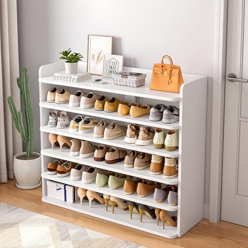 LevalCraft 6-Tier Shoe Cabinet with Hallway Storage, White Wooden Shoe Organiser Bench for Entryway，82x26x88 cm Slim Shoe Cupboard (82x26x88cm)