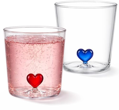 Yaryang 2er Set Glasbecher mit Herz im Inneren 400 ml, Borosilikatglas | Mit 3D-Figur, Hitzebeständig, Ohne Henkel, Transparent Trinkglas für Wasser, Saft, Kaffee, Geschenkidee für Paare & Freunde