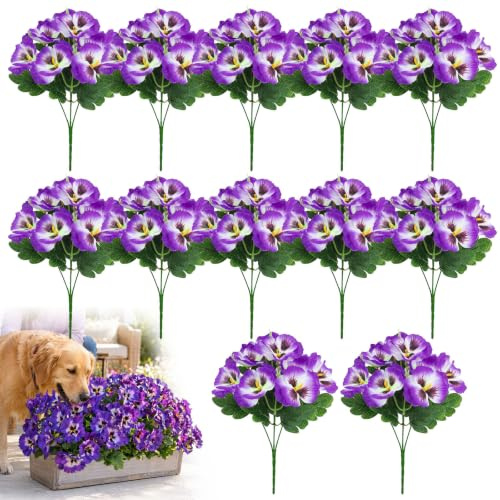 Ramos de Flores de Pensamiento Artificiales Moradas 34cm Set de 12 Unidades | con Tallos 14cm, Decoración Exterior e Interior, Resistente Rayos UV y Clima, Macetas, Balcón, Jardín y Cestas Colgantes