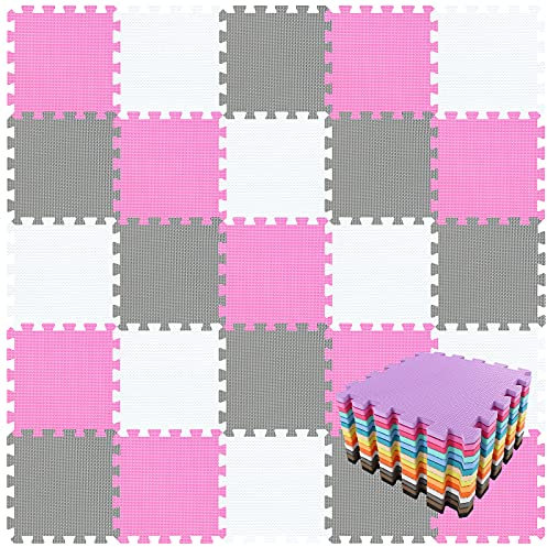 qqpp® 18 Puzzle Eva Schaumstoff Puzzlematte Puzzleteppich Kinder - Krabbelmatte Spielmatte Baby Schadstofffrei Sport rutschfest Bodenschutzmatte Fitness Matte. Weiß, Pink, Grau. QQC-ACLb18N