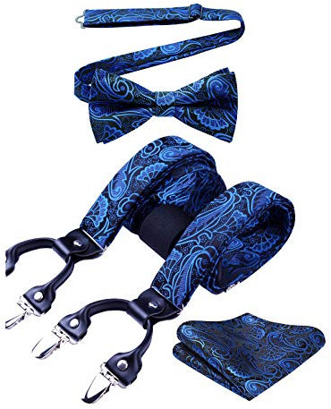 HISDERN Blau Hosenträger und Fliege Set Herren Blumen Paisley Einstecktuch Y Style hosenträger mit 6 Clips Einstellbar für Hochzeit Anzug
