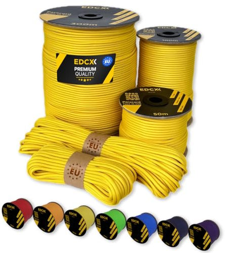 EdcX Paracord 4 mm, 35+ Volltonfarben (10 m, 15 m, 30 m, 50 m, 100 m, 300 m) | Ideal zum Basteln, Camping, Outdoor | 100% Nylonseil 4 mm| Taktische Schnur 550 Typ III (Yellow, 15 m)