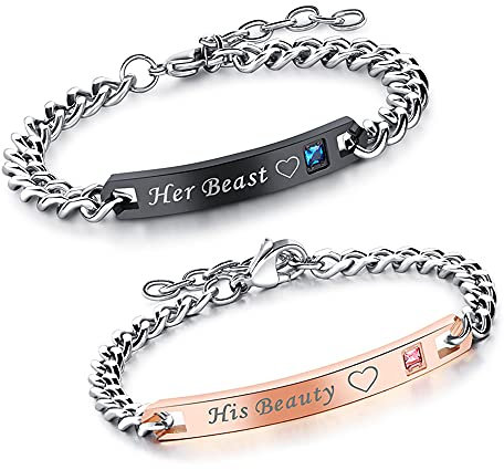 Xihuimay 2pcs His and Hers Matching Set His Beauty Her Beast Couples Bracelets Cubic Zirconia Bracelets Link Chain Heart Bracelets Gift Jewelry for Lover Anniversary Promise Bracelet for Men Women