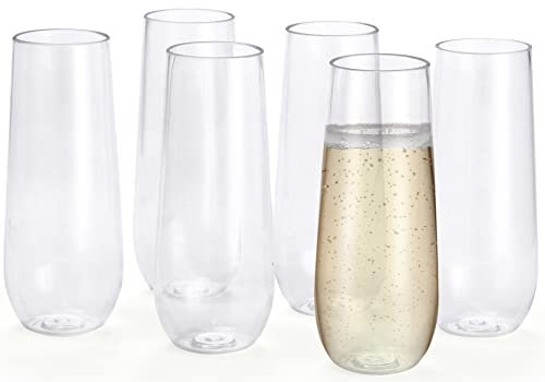 Shatterproof Champagne Flutes (6 Pack), Reusable Stemless Mimosa Glasses (9 oz), Unbreakable Barware, Tritan Plastic Outdoor Glassware Set, New Year's Eve Party, Wedding Decoration, Brunch, Gift
