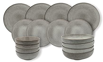 Cooks Professional 16 Piece Nordic Reactive Glaze Dinnerware Set | 4X Dinner Plates, 4X Side Plates, 4X Cereal Bowls & 4X Pasta Bowls | Microwave & Dishwasher Safe Ceramic Stoneware Dinner Set | Grey