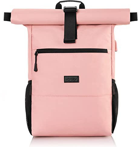 RJEU Rucksack Damen,Schulrucksack Mädchen Teenager,Rolltop Rucksack Frauen mit 12-17 Zoll Laptopfach für Freizeit,Uni,Schule,Arbeit,Reisen (Rosa2-26L)