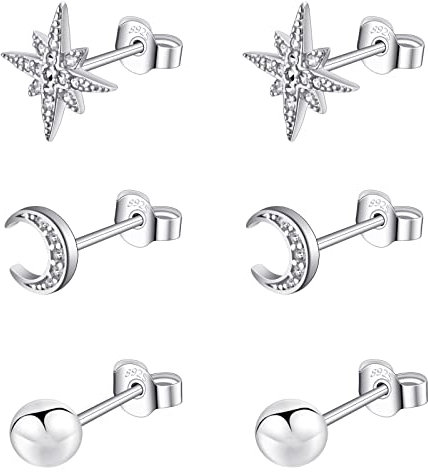 Bo Win 925 Sterling Silber Ohrringe Damen 3 Paar Silber Ohrstecker Stern Mond Ohrringe Kugel Ohrstecker Klein Ohrringe Stecker Diamant Ohrringe für Damen Frauen Mädchen
