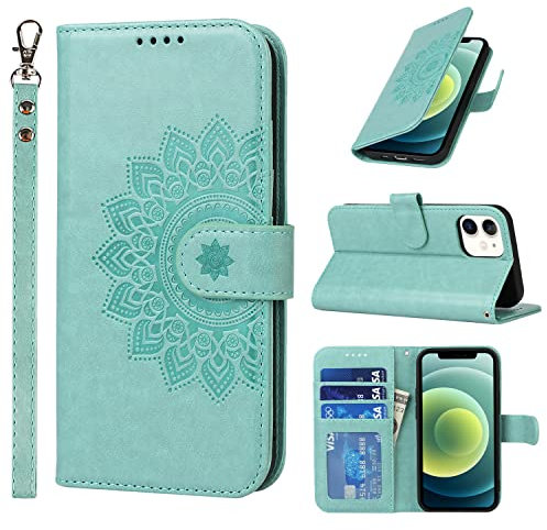 ELTEKER Handyhülle iPhone 12 mini Hülle, [3 Kartenfächer] [Magnet Verschluss] Leder Eleganter Prägung Schutzhülle Klapphülle für iPhone 12 mini, Grün