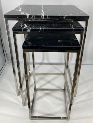 Casa Padrino Luxus Beistelltisch 3er Set Silber/Schwarz - Edelstahl Tische mit Marmorplatte - Wohnzimmer Möbel - Luxus Kollektion