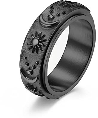 Bague anti-anxiété lune et étoiles, bague en acier inoxydable soleil tendance bijoux fantaisie, P 1/2 (8), Sans pierre précieuse