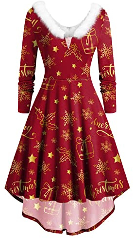 KOG Weihnachtskleid für Damen Sexy Langarm Vintage Weihnachtskleider Damen Rockabilly Kleider Damen Ballkleid Elegant Frauen Rotes Kleid Christmas Dresses Mädchen Rot Festlich Festival Große Größe