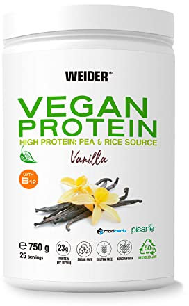 Weider Vegan Protein (750g) Goût Vanille. Protéines 100% Vegetal 23g/dose, Pois (Isolat Pisane) & Riz. Avec Vitamine B12 & Stevia. Sans Gluten, Sans Sucre. Emballage 50% Recyclé, 100% Recyclable