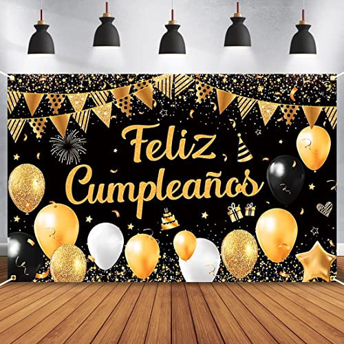 Grande Pancarta con Feliz Cumpleaños en Español,Fiesta de Cumpleaños Decoración Banner,Negro Cumpleaños Pancartas fotográficas,Tela de Fondo Decoracion Cumpleaños,Fiesta de Aniversario Pancarta
