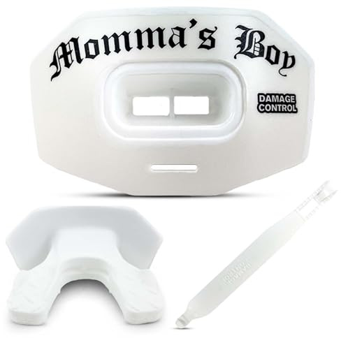DAMAGE CONTROL Protector bucal transpirable para fútbol americano y protector bucal juvenil, funciona con aparatos ortopédicos, sin hervir, correa para casco incluida (niño de mamá)