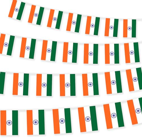 India Bunting 10 Metre Indian Flags Garland 30pcs for Party Festival Celebration Sport Schools Street Carnivals Birthday Garden Home Remembrance Day Decorations -Polyester Material Fabric