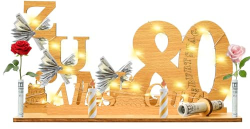 Geschenke zum 80 Geburtstag Frau Mann,Geldgeschenke Geburtstag 80 Alles Gute zum mit LED Lichterkette Ständer,Holz 80.Geburtstag Deko,Coole Geschenkideen zum 80. Geburtstag Tischdeko.