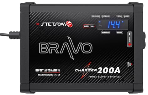 Stetsom Bravo Ladegerät 200A, Autobatterieladegerät, Maximaler Quellstrom 200 Amp Ampere, Smart Charger, Auto Audio Netzteil xs, Interner Kühlkörper für intensiven und längeren Gebrauch, keine