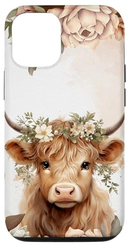 Spring Elegant Highland Cow Pastel Watercolor Floral Case for iPhone 12/12 Pro