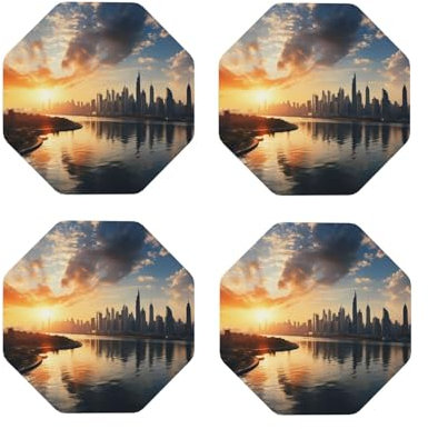 Lot de 4 dessous de verre pour protection de table, dessous de verre en cuir pour boissons, dessous de verre New York au coucher du soleil pour décoration de table basse, tapis antidérapant pour