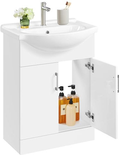 Yaheetech Waschbeckenunterschrank Badezimmerschrank Unterschrank mit Waschbecken Badmöbel 2er Set Badschrank Standschrank mit 2 Türen Waschtischunterbau Keramikbecken Hochglanz, 61 x 43,5 x 84 cm