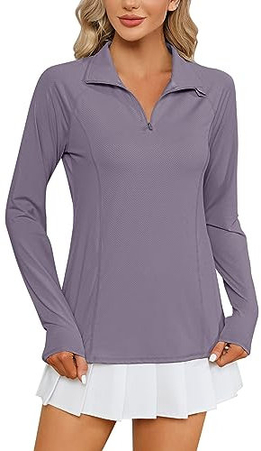 IECCP UPF 50+ Sonnenschutz T-Shirt Langarm Outdoor LSF/UV Shirt Rashguard Trainingsshirt Shirts für Angeln, Laufen mit Daumenlöcher Reißverschluss Hellviolett L
