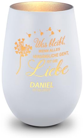 GRAVURZEILE Deko Windlicht aus Glas mit Gravur - was bleibt, wenn Alles Vergängliche geht - Personalisiert - Trauerlicht für Teelichter und Kerzen - Grabschmuck zur Beerdigung - Weiß/Silber