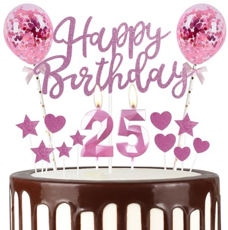 mciskin Pink 25th Birthday Decorations for Girl,3D Number 25 Candle for Cake,Pink Cake Toppers for Girl,Glitter Happy 25th Birthday Cake Toppers for Party Decorations Supplies