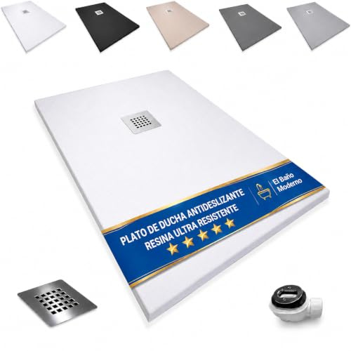 EL BAÑO MODERNO Plato Ducha 90x100CM Antideslizante Antibacteriano | Resina Resistente a Agentes Químicos · Incluye Rejilla Desagüe Ducha · Válvula Sifón · Color Blanco