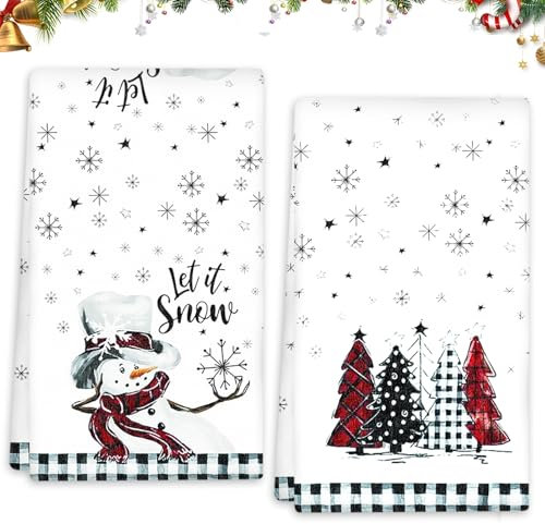 Weihnachten Küchentücher 2er Set, Bäume Schneeflocken Geschirrtücher, Küchenhandtücher, Winter Christmas Dekoration Handtücher, Trockentuch Saugstarke Strapazierfähig, 45 x 66 cm (Schwarz Rot)