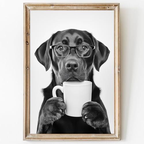 Leinwandbild, Motiv: schwarzer und weißer Hund, Tier-Portraitdrucke, Hunde-Kaffee-Poster, schwarzer Hund, Kunstwerk, Tiere mit Kaffee, Bilder schwarzer Labrador, Wandkunst mit Brille,
