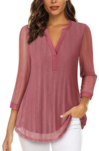 Vafoly Damen-Blusen mit 3/4-Ärmeln lässig V-Ausschnitt Hemden doppellagig Mesh-Tuniken Oberteile Rose 3XL