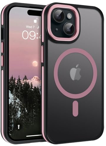 GUAGUA Custodia magnetica per iPhone 15 Plus, compatibile con MagSafe Cover protettiva antiurto traslucida opaca posteriore sottile robusta TPU PC anti-giallo case per iPhone 15 Plus, rosa/nero