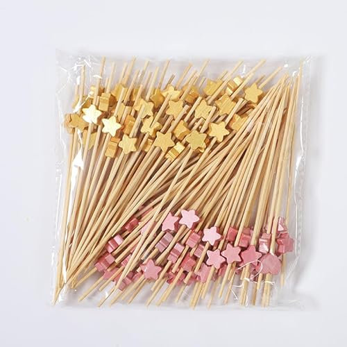 AILEXI Lot de 100 cure-dents en bois pour cocktail - Fournitures de fête - Fruits - Sandwich - Étoiles dorées et roses