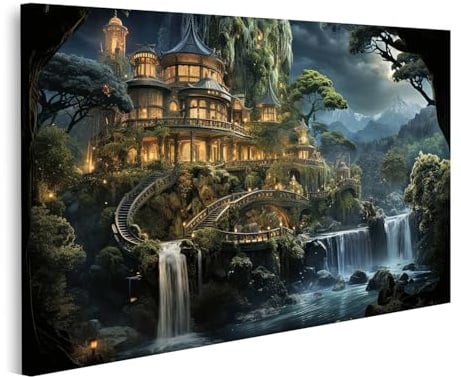 islandburner Bild auf Leinwand Verzaubertes Schloss am Wasserfall in mystischem Wald für Living Fantasy Spa Bilder Wandbilder Poster