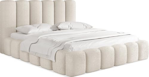 WFL GROUP Polsterbett 180x200 mit Bettkasten und Lattenrost – Weiß Bett mit hohem Kopfteil, Boucle oder Samt Stoff - Modernes Doppelbett mit Stauraum – Bettgestell, ohne Matratze – Serenity - Weiß
