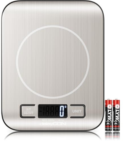 deleyCON Küchenwaage Digital mit großem LCD-Display, (mit Batterien) bis 5KG, Digitalwaage, Briefwaage mit Großer Edelstahl Wiegefläche, auf 1g genau, klein und flach, Tara-Funktion, Silber