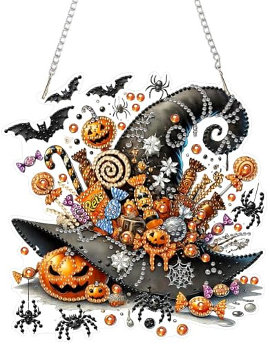 DOMROM Halloween Diamond Art Painting Anhänger, Hut Diamond Painting Fensterbilder, Süßigkeiten Diamond Painting Hängende Ornament für Kinder Erwachsene Diamant Malerei Basteln Tür Wand Fenster Deko