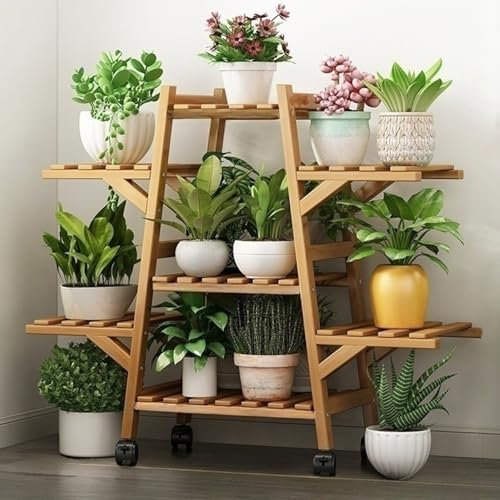 UUE Blumenständer, 7 Ebenen Pflanzenständer, Blumenregal aus Bambus, 71cm Hoch Pflanzenregal, Pflanzentreppe mit Rollen, Blumenregal Pflanzenregal, Mehrstöckig Blumentreppe für Innen Garten Balkon