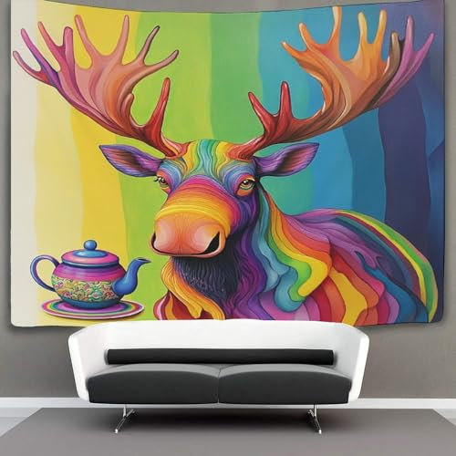 Rainbow Moose Tapestry Wall Hanging Teapot Wall Art for Living Room Bedroom Dorm 100cmx150cm