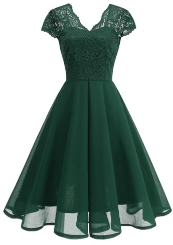 OMEWEE 1950er Vintage Retro Cocktailkleid Damen Elegant Knielang Rockabilly Kleider V-Ausschnitt Chiffon Kurzarm Spitzenkleid A-Line Swing Hochzeit festliches Kleid Kleid Abendkleid Grün M