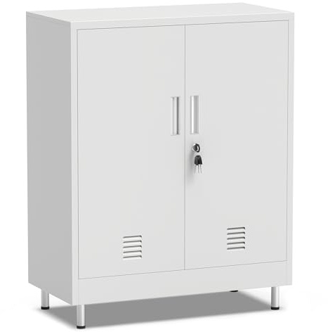 JINGUR Metal Storage Cupboard with Locking Doors and Adjustable Shelves, Lockable Storage Cabinet for Home Office Garage Pantry Entryway Living Room (White)