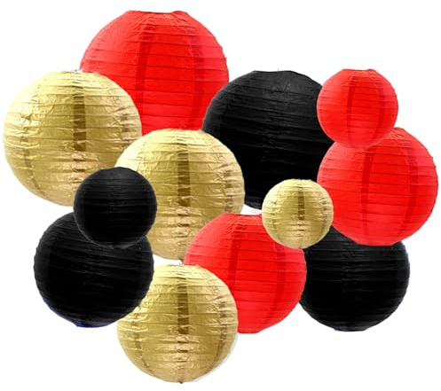 ZYOOO 12pcs Paper Lanterns,15/20/25cm Round Hanging Paper Lanterns Decoration for Birthday Party,Wedding,Graduations,Christmas Garden Decoration(Red,Black,Gold)