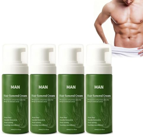 Schmerzfreie Haarentfernungscreme für Männer, beruhigende Gelformel mit Aloe und Vitamin E, Haarentfernungscreme für Brust, Rücken, Beine und Intimbereich, für alle Hauttypen geeignet (4STÜCKE)