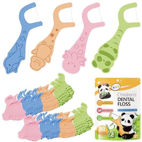 80 Stück Zahnseide-Stick-Kinder Zahnseide, Kids Flossers Zahnseide Rutschfester Griff mit Fruchtgeschmack 4 bunt Tierformen Zahnseidensticks Zahnreiniger Sticks