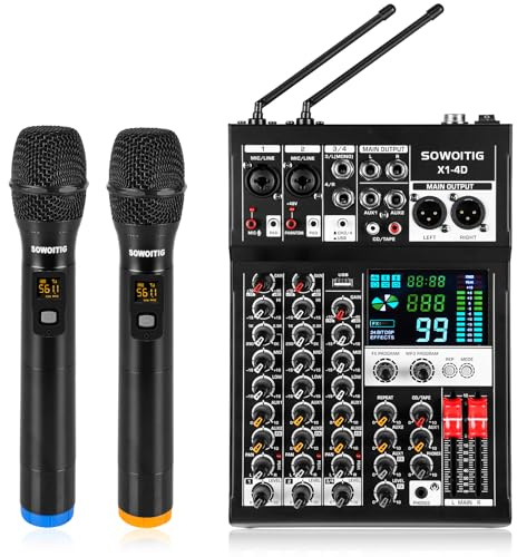 4-Kanal-Audiomixer mit 2 Kabellosen Mikrofonen, Professionelles Mischpult DJ-Konsole mit 99 DSP MP3 Bluetooth 48V Phantomspeisung PAD und USB-Schnittstelle für Aufnahme, Heim-Karaoke & Live-Streaming