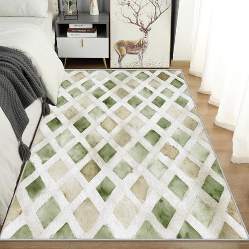 AUWUUA Waschbarer Schlafzimmerteppich mit geometrischem Rautenmuster, 60 x 120 cm, Salbeigrün-Beige Aquarell-Karomuster rutschfest Teppich für Eingangsbereich, Küche, Flur Dünn