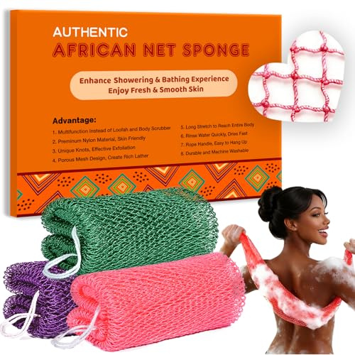 African Net Sponge, 3 Pieces African Exfoliating Net Sponge Authentic Body Back Scrubber Effective Exfoliating Washcloth for Shower Bath All Types Skin Daily (Purple+Pink+Olive Green)