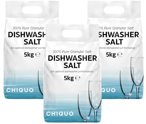 Chiquo Dishwasher Salt 5kg (Pack of 3) - 100% Pure Granular Salt - Powerful Limescale Protection for Dishwashers, Prevents Scale Build Up, Cleaner Shinier Dishes, Suitable for All Brands
